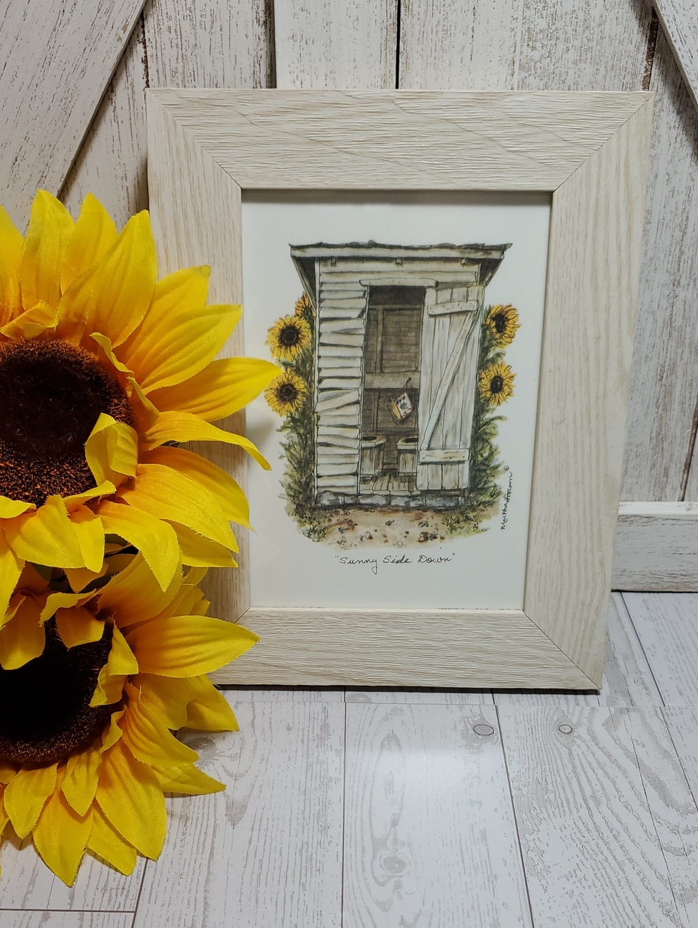 Outhouse with Sunflowers Wooden Framed Picture Country Farmhouse Decor